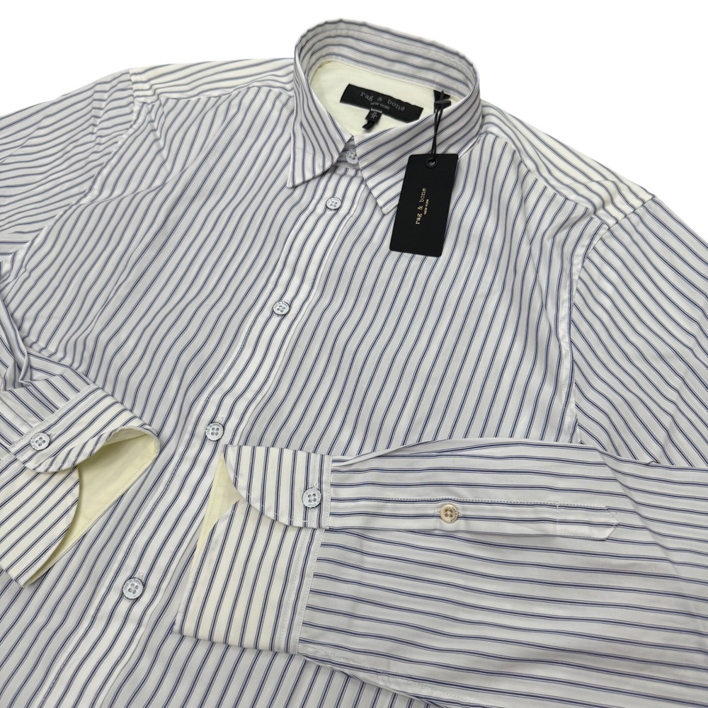 Rag & Bone Zac Stripe Shirt Mens Size‎ M White Blue Long Sleeve Button Down New